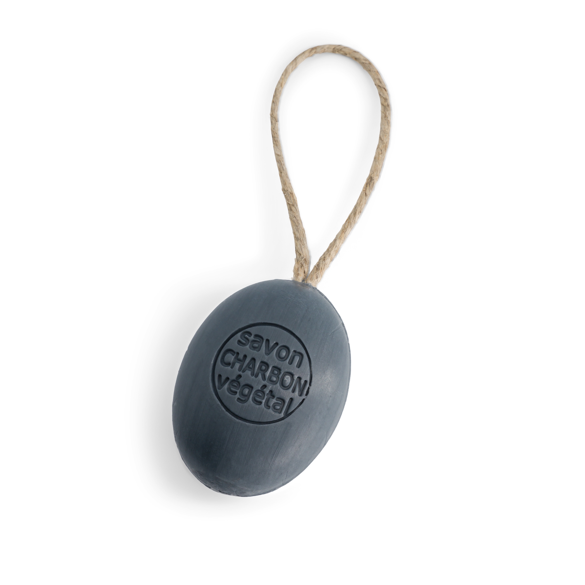 Savon ovale sur corde Charbon Savon corde artisanal au charbon végétal 200g, savon naturel fabriqué en Provence