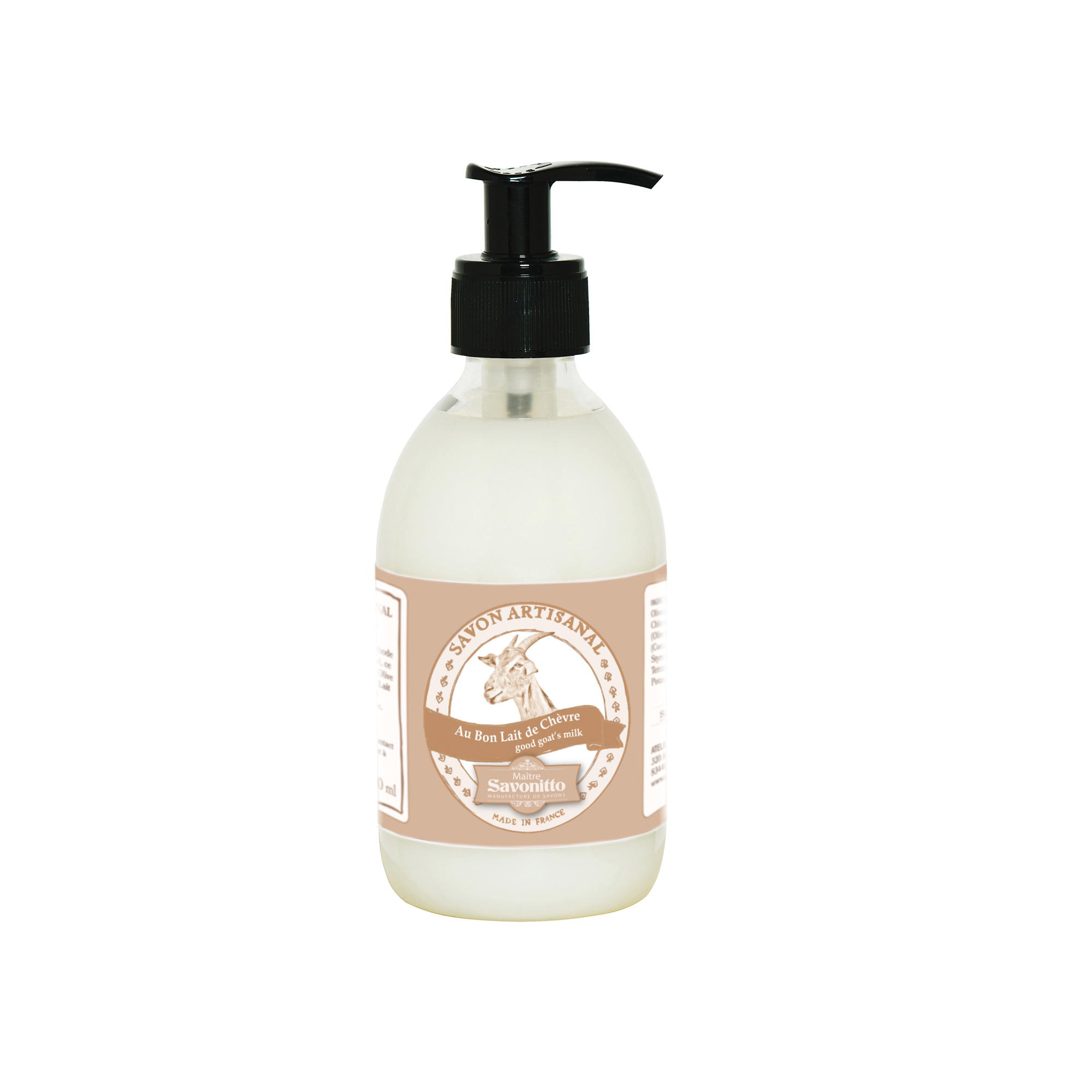 Savon liquide Lait de chèvre Flacon de savon liquide au lait de chèvre 300ml, savon artisanal doux fabriqué en Provence.
