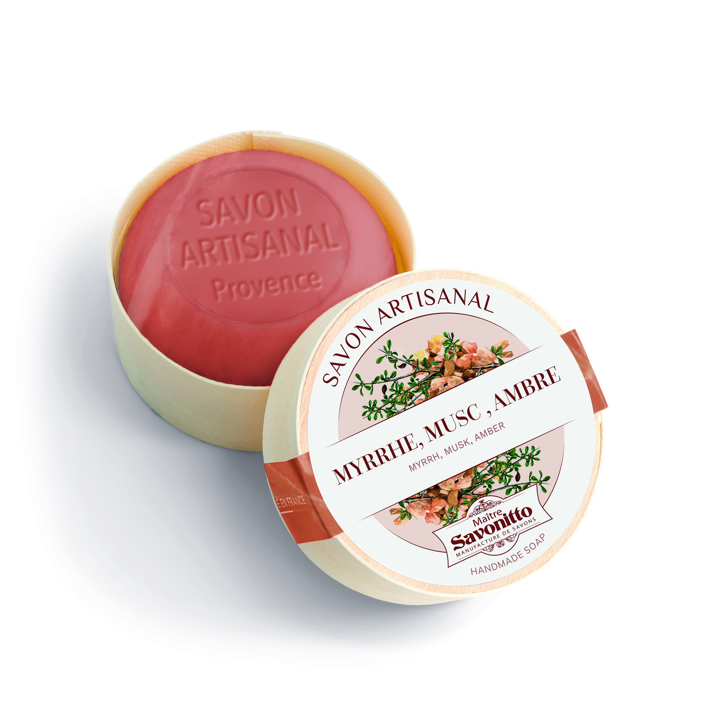 savon myrrhe musc et ambre dans boite en bois