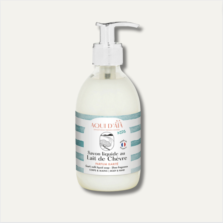 Savon liquide enfant au lait de chèvre 300ml, savon artisanal doux adapté aux peaux délicates.