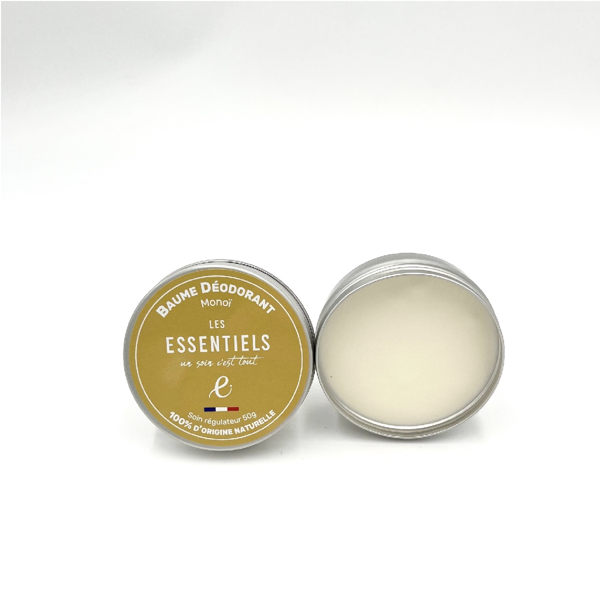 Déodorant solide artisanal au monoï 50g, présenté en pot avec une inspiration estivale.