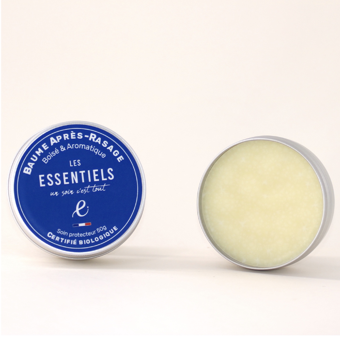 Baume après-rasage artisanal 50g, certifié COSMOS Organic, présenté en pot.