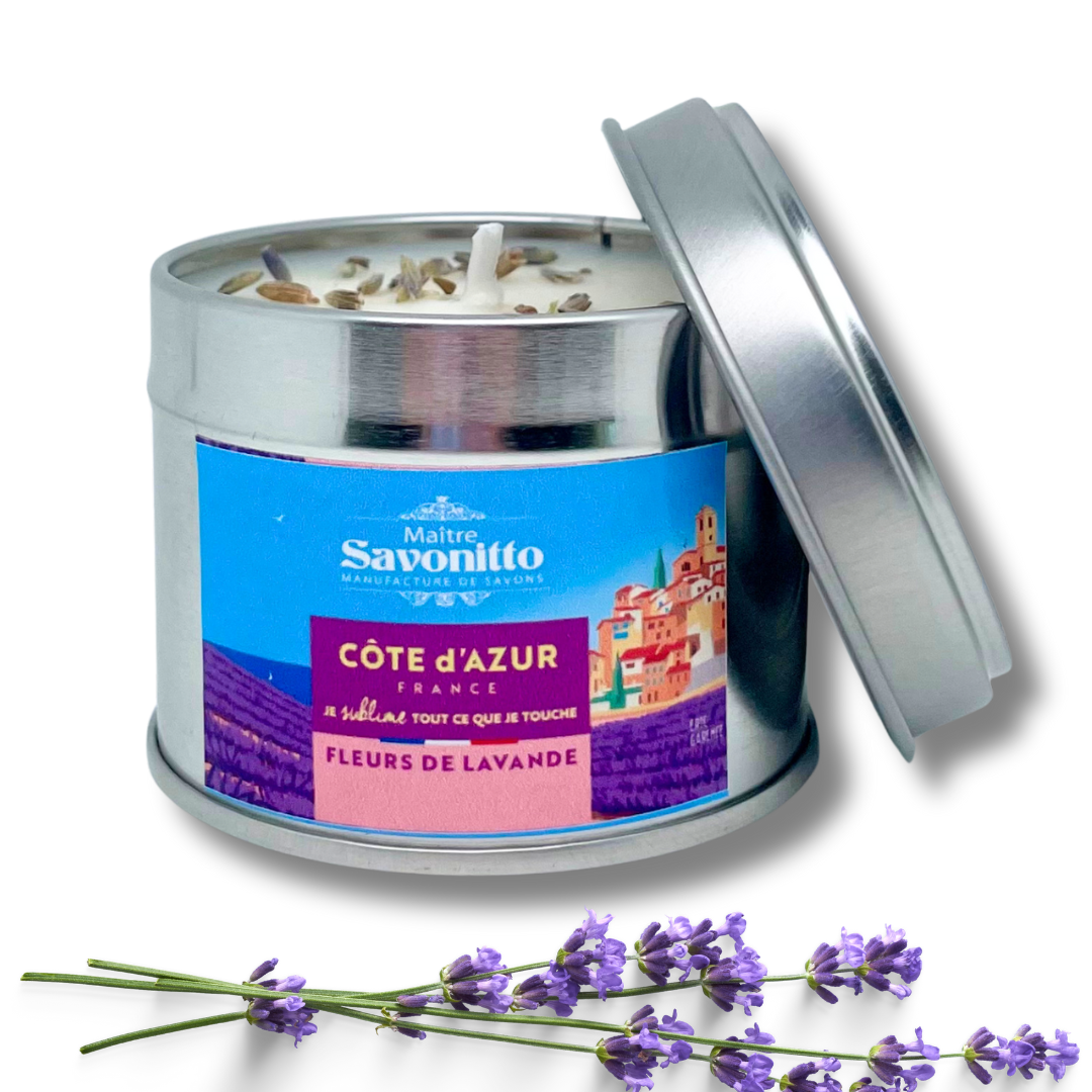 Bougie parfumée Lavande 100g, fabrication artisanale française, combustion douce pour une atmosphère sereine et relaxante.