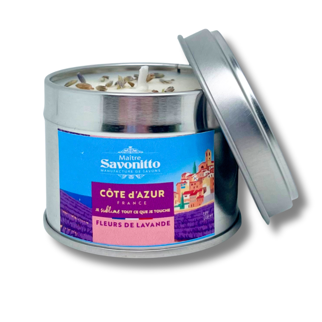 Bougie Lavande X Côte d'Azur France Bougie parfumée Lavande 100g, fabrication artisanale française, combustion douce pour une atmosphère sereine et relaxante.