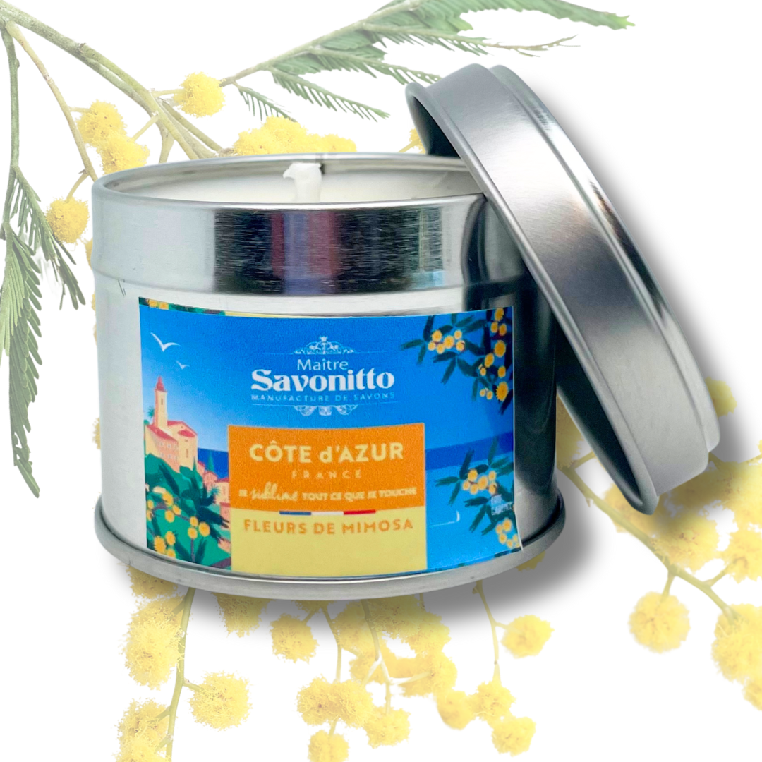 Bougie Mimosa X Côte d'Azur France Bougie artisanale aux fleurs de mimosa, fragrance solaire et poudrée présentée dans son pot en aluminium