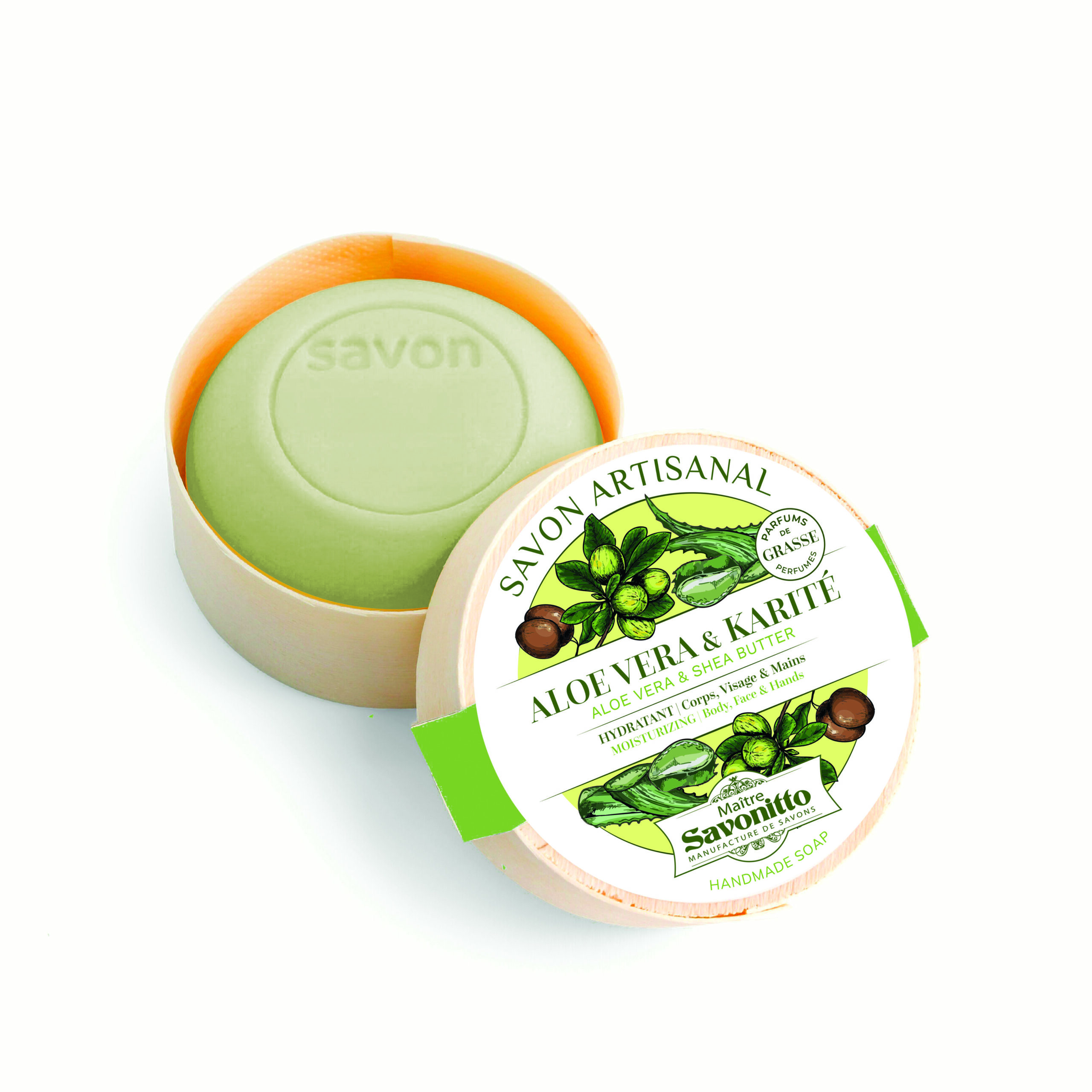 Savon artisanal à l'aloe vera et karité, soin hydratant et apaisant présenté dans sa boîte en bois.