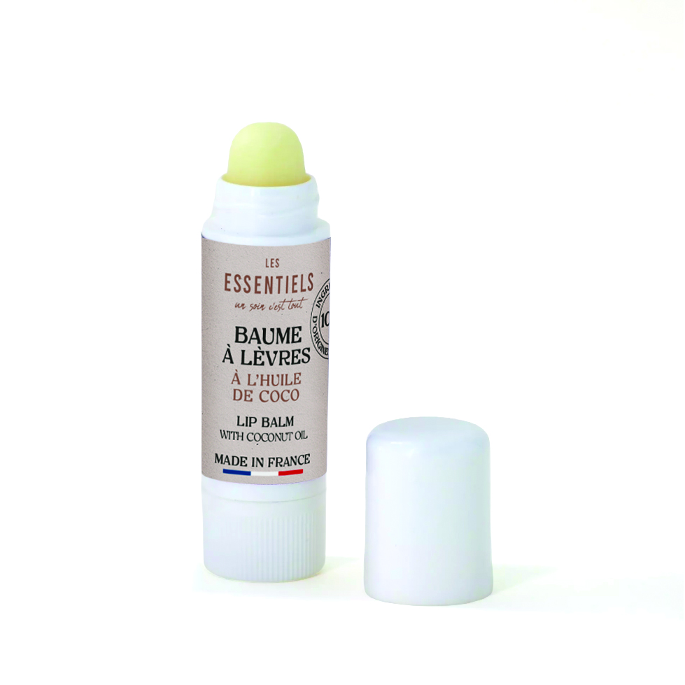 Baume à lèvres à l'huile de coco, soin nourrissant et protecteur sans parfum présenté dans son stick pratique.