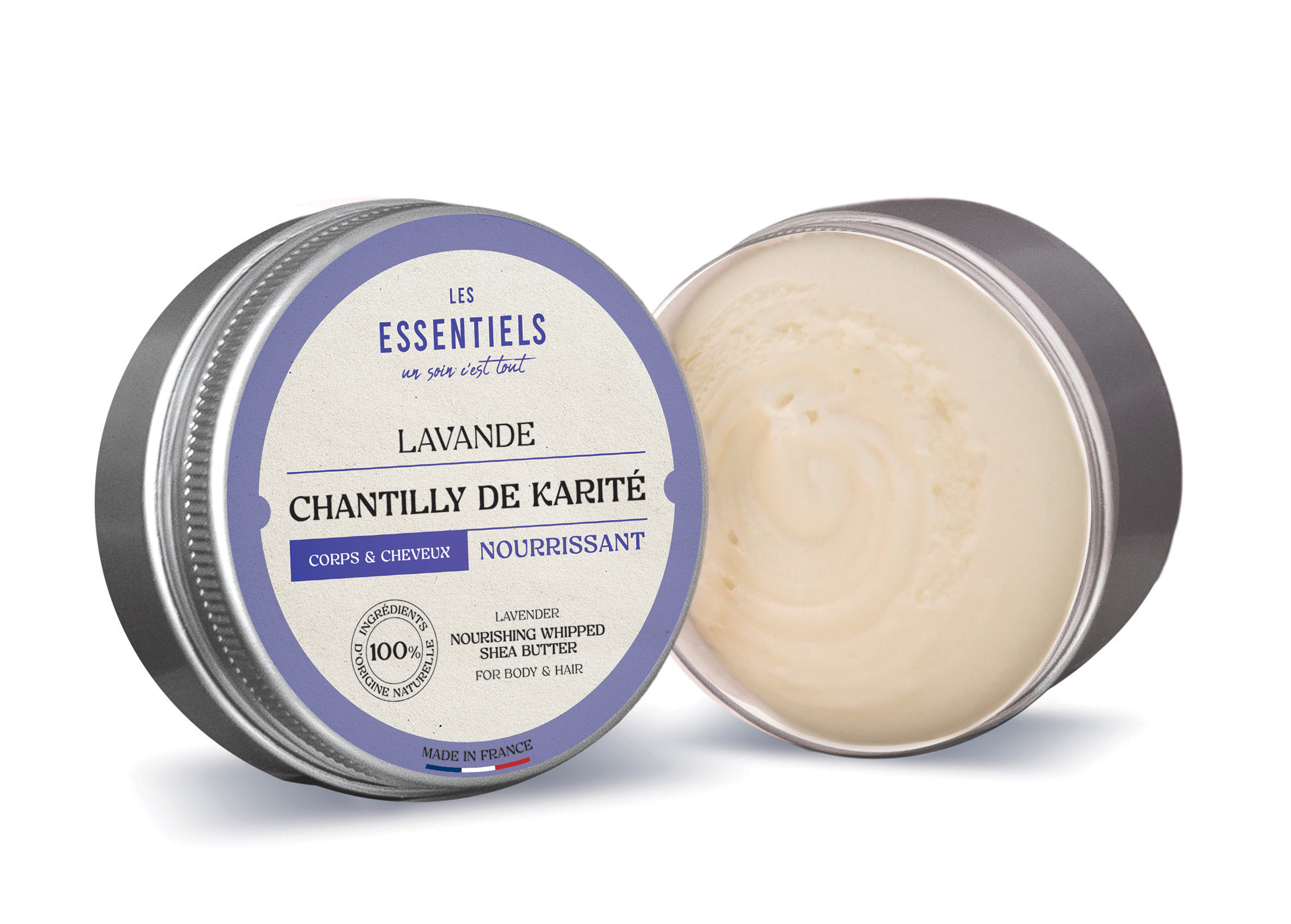 Chantilly de Karité Lavande corps et cheveux Chantilly de karité à la lavande pour le corps et les cheveux, soin nourrissant à la texture aérienne