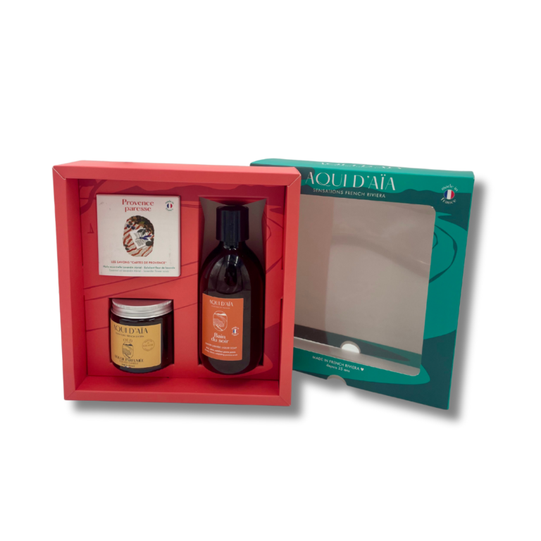 Coffret découverte Aqui d'Aïa, rituel bien-être composé d'un savon solide, d'un savon liquide et d'une bougie parfumée présenté dans son écrin coloré