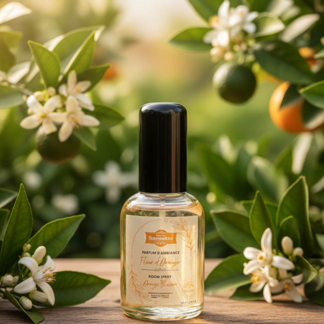 Parfum d'ambiance à la fleur d'oranger, fragrance délicate et relaxante présentée dans son flacon en verre élégant.