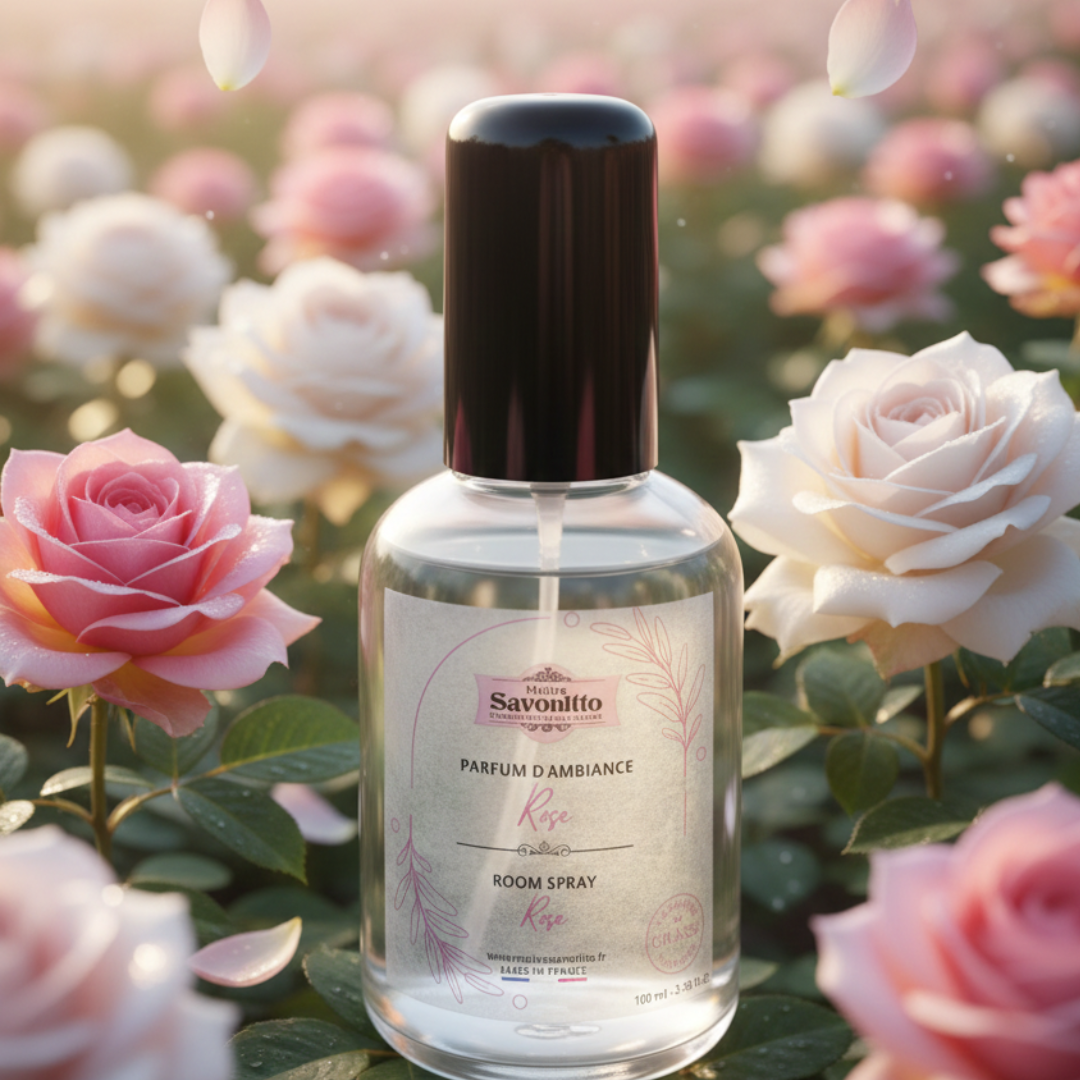 Parfum d'ambiance à la rose, fragrance fleurie et romantique présentée dans son flacon vaporisateur raffiné.