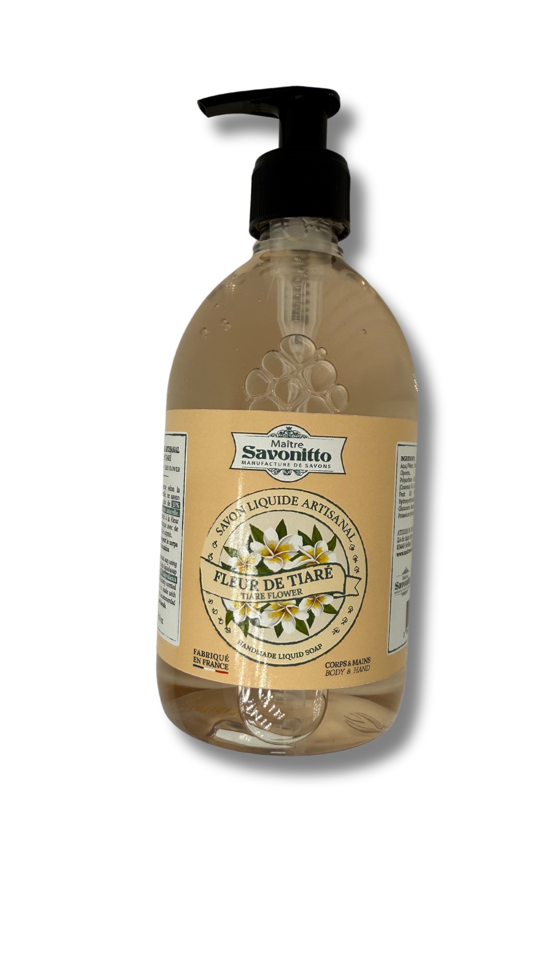 savon liquide fleur de tiare Flacon de savon liquide artisanal fleur de tiaré 500ml pour les mains et le corps.