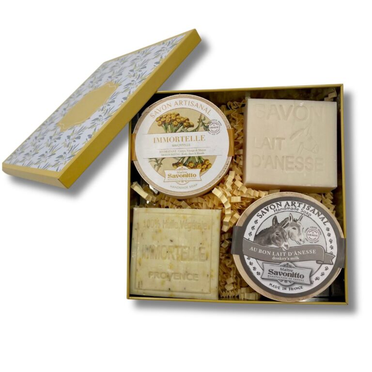 Coffret artisanal au lait d'ânesse et fleur d'immortelle, soin régénérant et précieux présenté dans sa boîte en métal